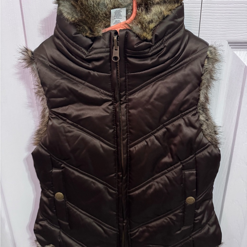 GAP Brown Puffer Vest with Faux Fur Trim